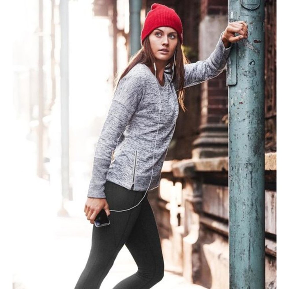 Athleta Blissful Sharkbite Sweatshirt Grey Heather Zippers High-Low Edgy Sweater